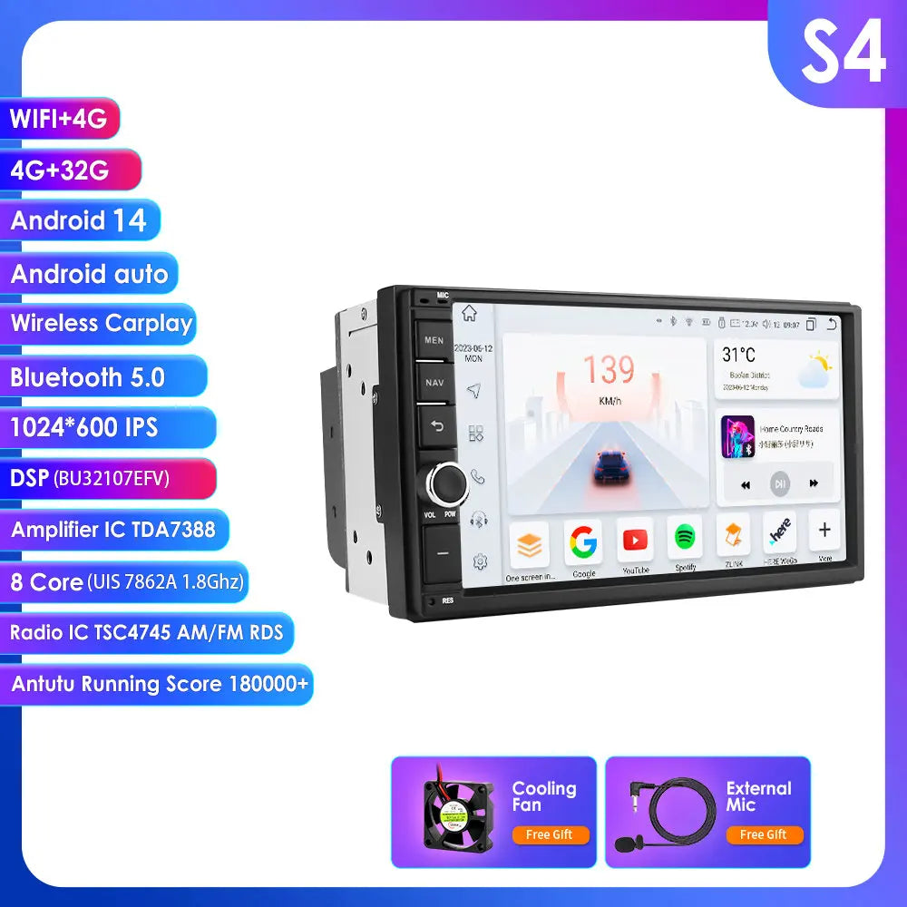 Latest Android 14 Octa Core 4G RAM 64G ROM DSP Universal Double 2 Din Car Radio Multimedia Player GPS Navigator Autoradio RDS FM