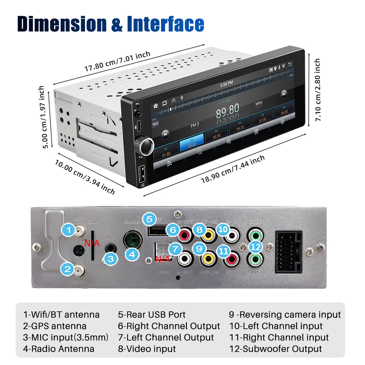 ESSGOO 6.86" Android 14 1 DIN 4+64G Car Stereo Radio Carplay Android Auto 1DIN GPS NAV Wifi BT RDS WIFI BT USB Type-C Universal