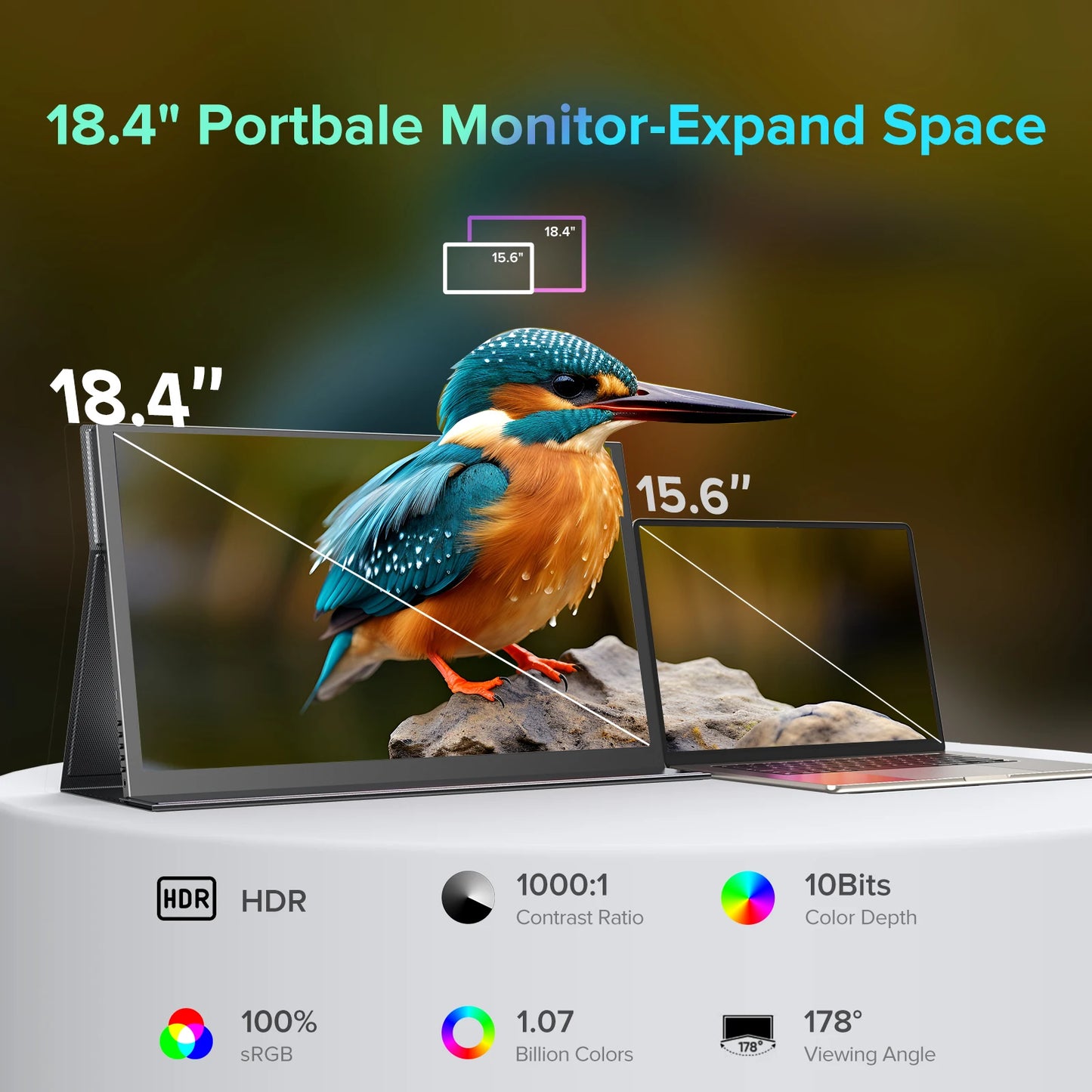 UPERFECT 4K Portable Monitor 18.4" 3840 x 2160 UHD USB-C HDMI FreeSync HDR External Computer Display with Speakers Cover VESA