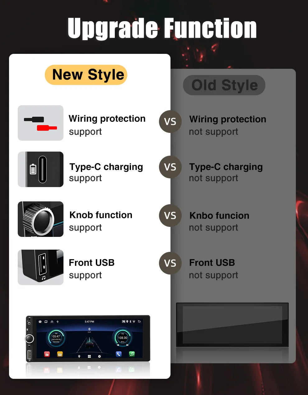 ESSGOO 6.86" Android 14 1 DIN 4+64G Car Stereo Radio Carplay Android Auto 1DIN GPS NAV Wifi BT RDS WIFI BT USB Type-C Universal