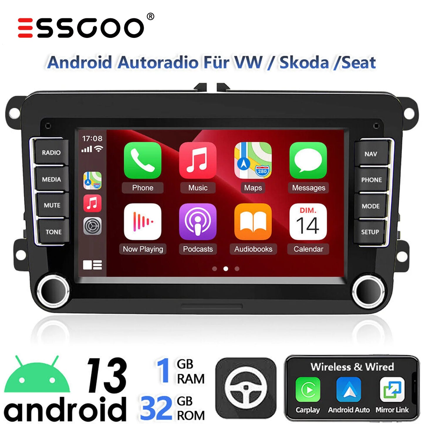 ESSGOO 7" Android 14 4G+64G Apple Carplay Car Stereo GPS NAVI WIFI RDS FM BT for VW Golf 5 6 Passat Polo Touran Tiguan Caddy EOS