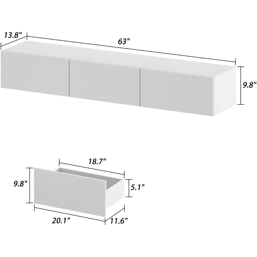 modern white high gloss wall-mounted tv stand with led lighting for 70" tvs, sleek entertainment center for living room