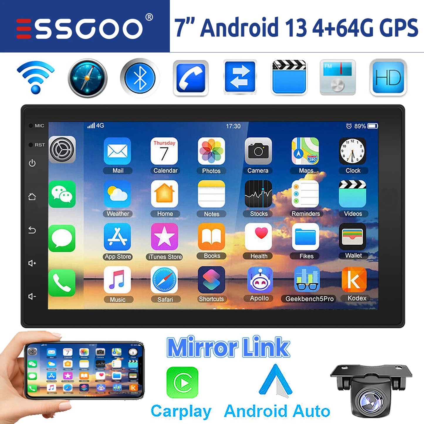 ESSGOO 7"/9"/10“ 2 DIN Android 14 4+64G Car Stereo Carplay Android Auto GPS Navi Bluetooth FM RDS Radio WIFI Touchscreen ChatGPT