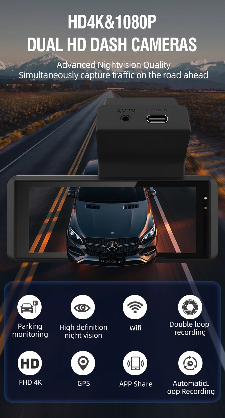 QOZ 4K WIFI Dash Cam Front Camera Dual Lens Dashcam Car DVR Video Recorder with GPS Night Vision 24H Parking for Car