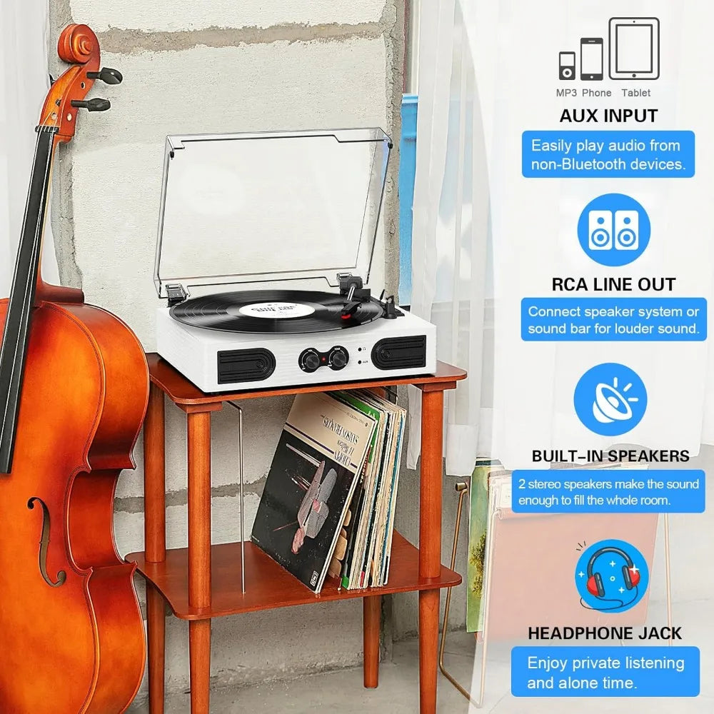 Portable Vinyl Record Player with Built-in Stereo & Bass Adjust, 3-Speed Belt-Driven, Bluetooth, RCA Out, AUX In, Headphone Jack