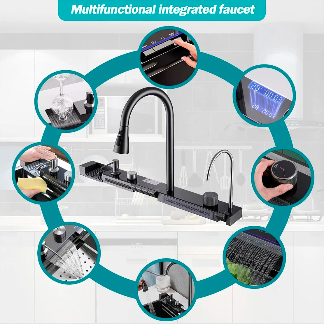 Kitchen Sink Faucet Large Integrate Digital Display Multi-Function Buttons Waterfall Soap Dispenser Cup Washer Kitchen Sink