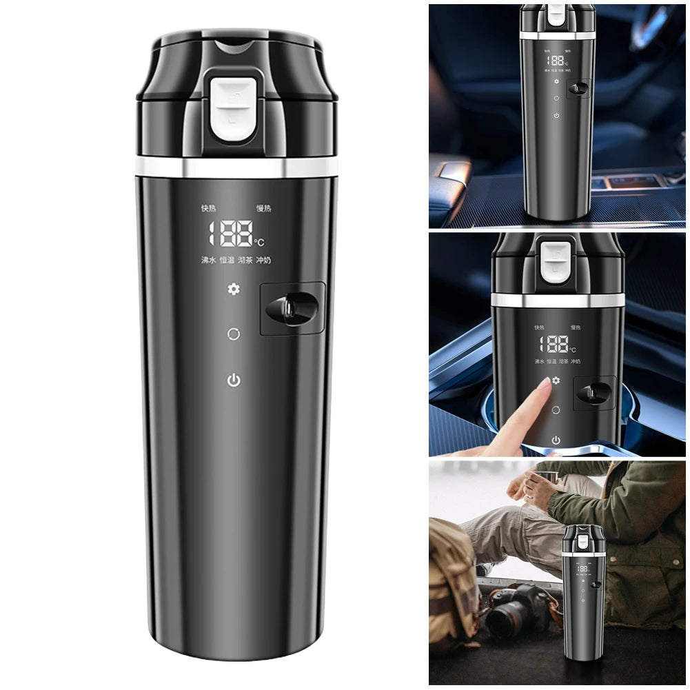 12V/24V Car Heating Cup Digital LCD Display Travel Coffee Mug Warmer Smart Temperature Control Thermos Cup Stainless Steel 500ML
