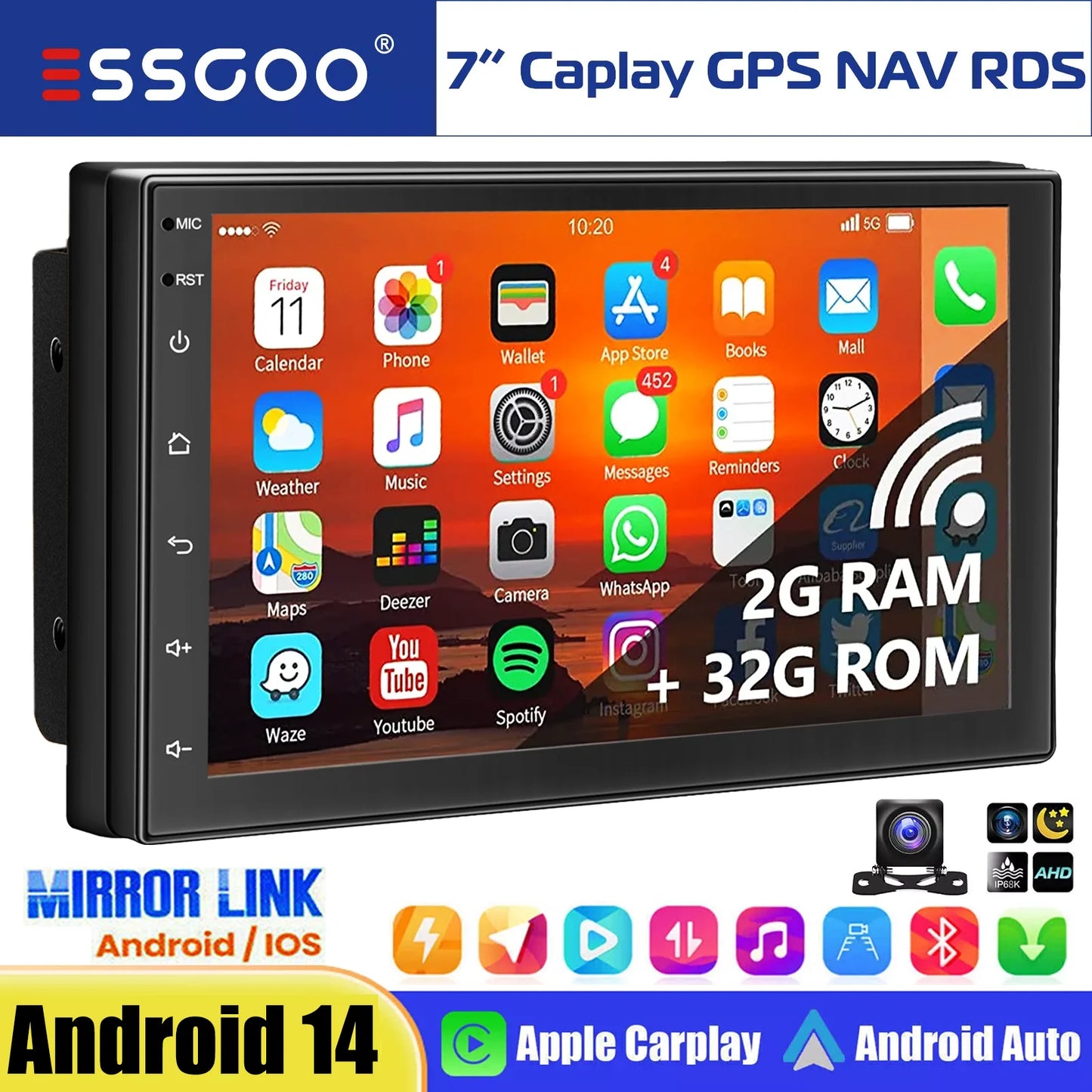 7" Double 2 DIN Android 14 CarPlay Car Stereo Multimedia Video Player GPS Navigation Wifi FM/RDS Bluetooth Multimedia Fit Nissan