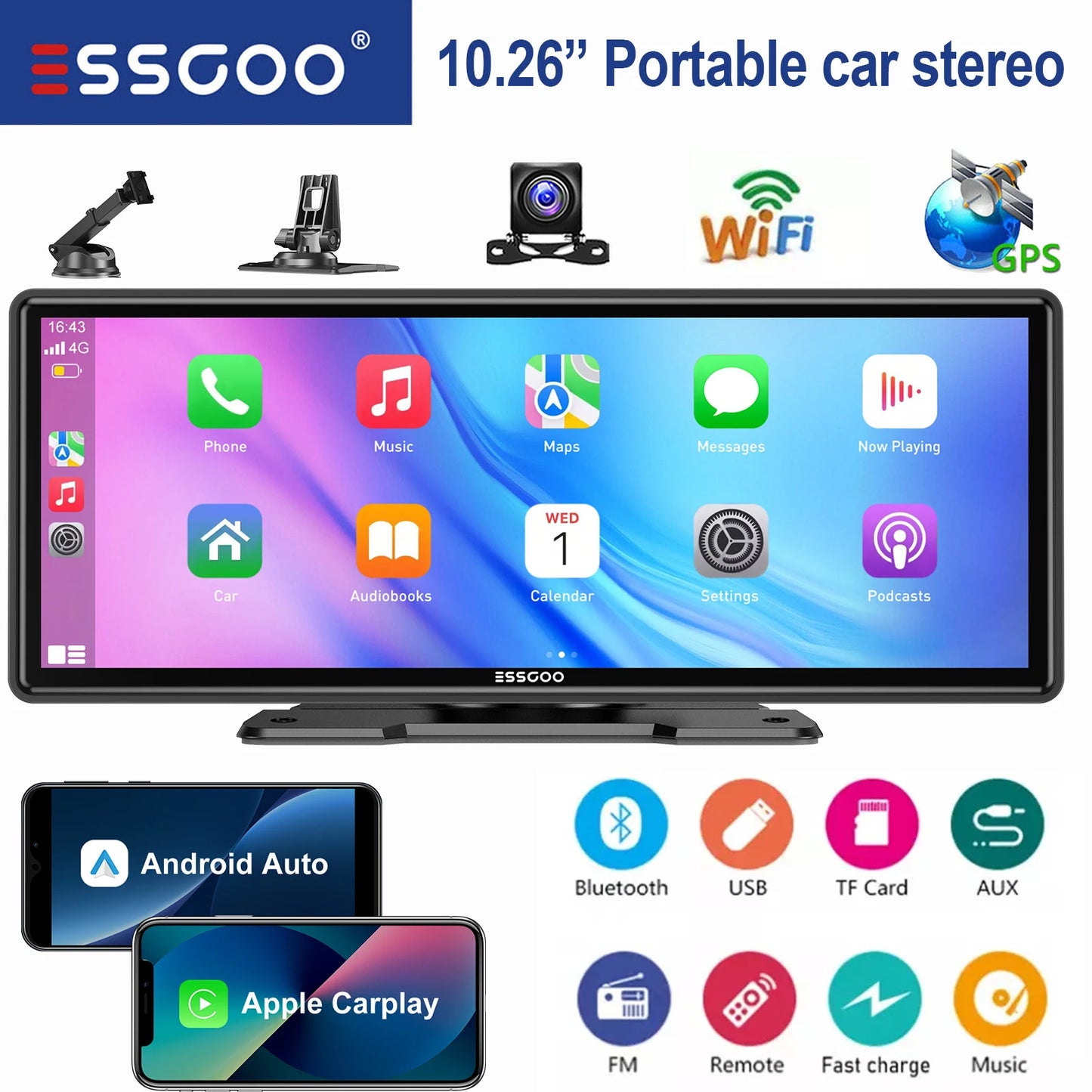 ESSGOO 10.26" portable universal car stereo Radio HD Tour screen GPS Navi WIFI Apple carplay Android auto BT MIrror link AUX FM