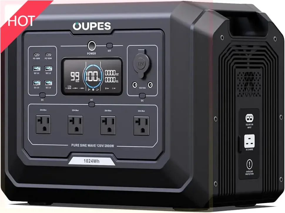 1 Portable Power Station 2000W (4500W Peak), 1024Wh LiFePO4 Battery Generator with 1400W AC Charging & 800W Solar