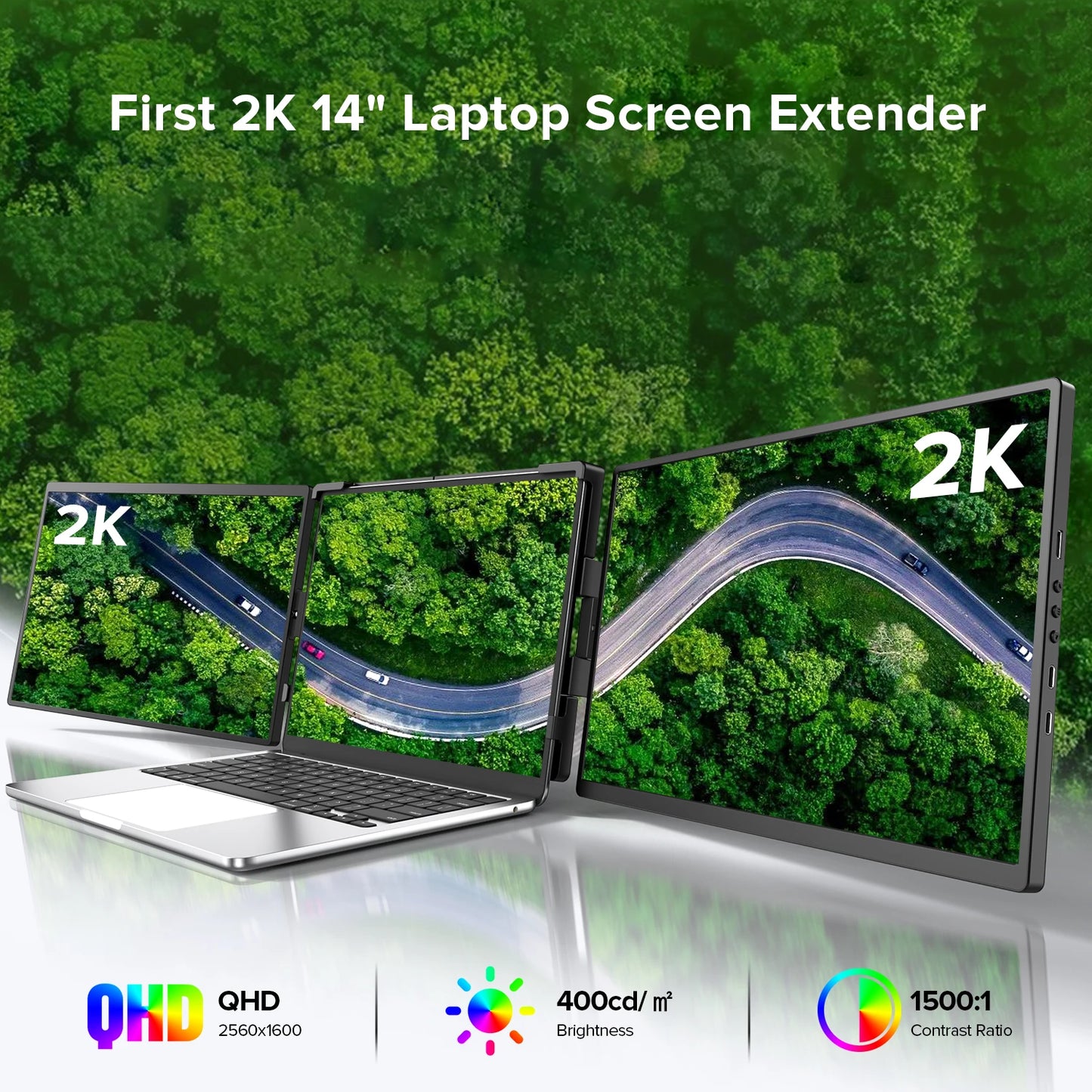 EVICIV 2K Laptop Screen Extender 14" QHD 1440P Portable Triple Monitor with 180° Automatic Rotation for Wins Mac Dex Chrome Work