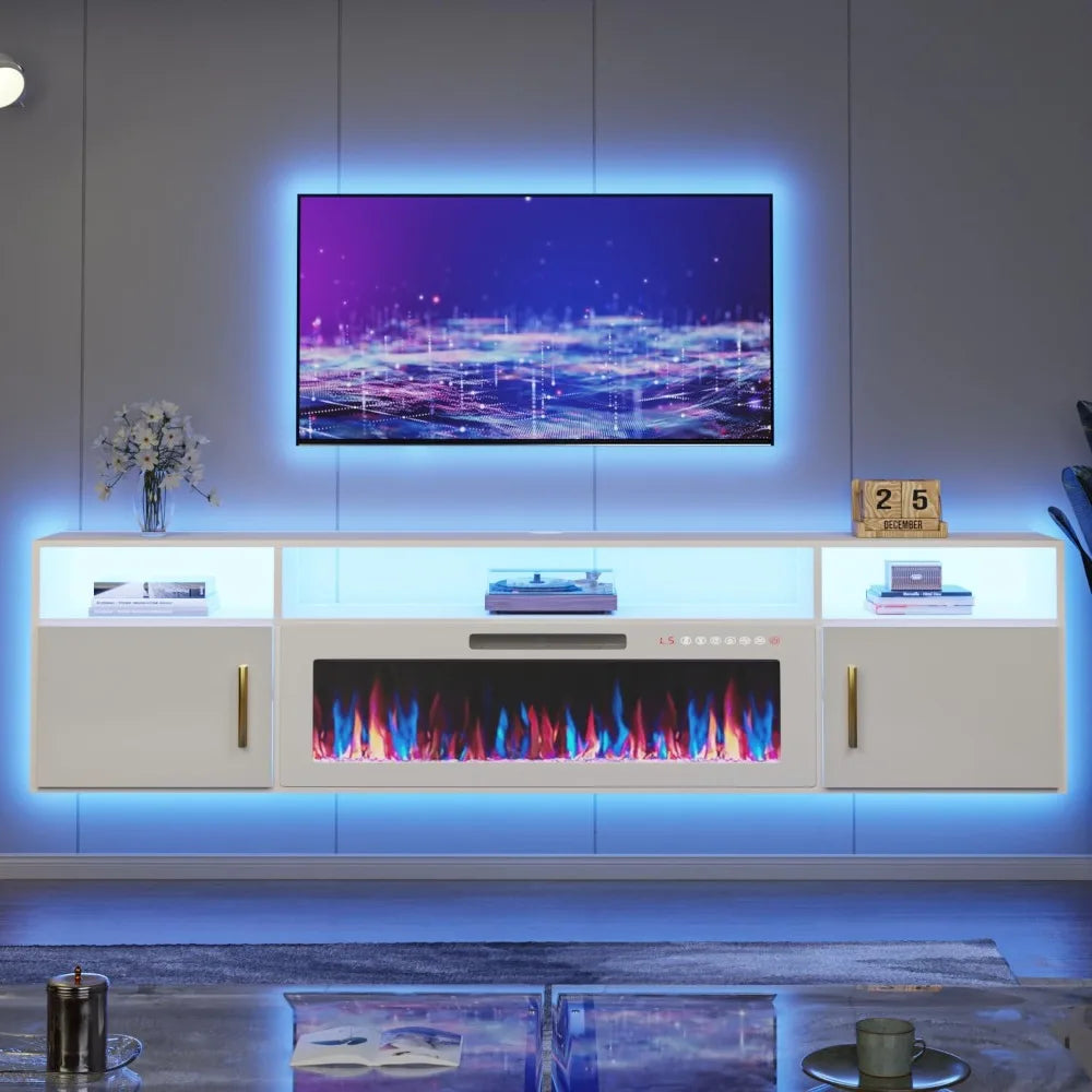 70" Floating TV Stand with 36" Electric Fireplace, High Gloss Finish Wall Mounted Electric Fireplace TV Stand with Storag