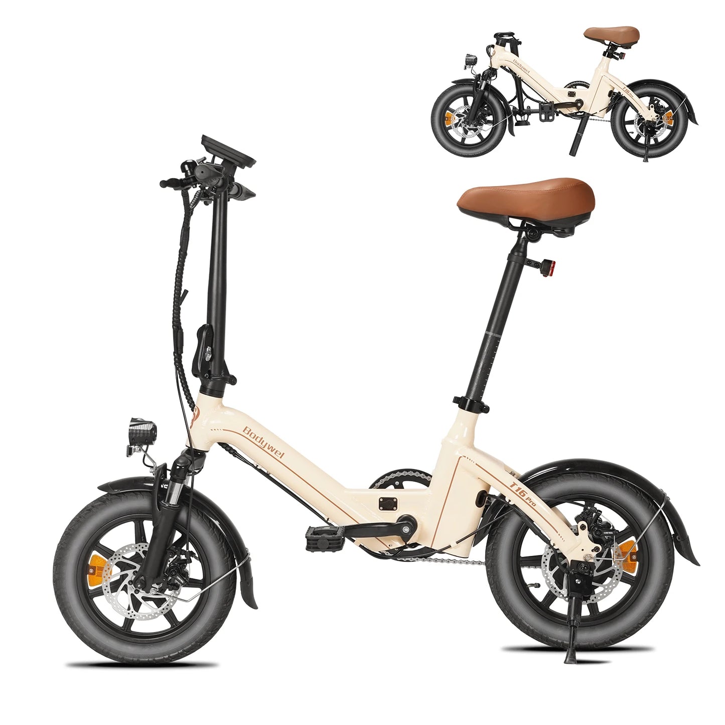 Folding 14" Electric Bicycle 250W 36V 7.8Ah Battery LCD Display Dual Disc Brakes E Bike for Adults with CE Bodywel T16PRO