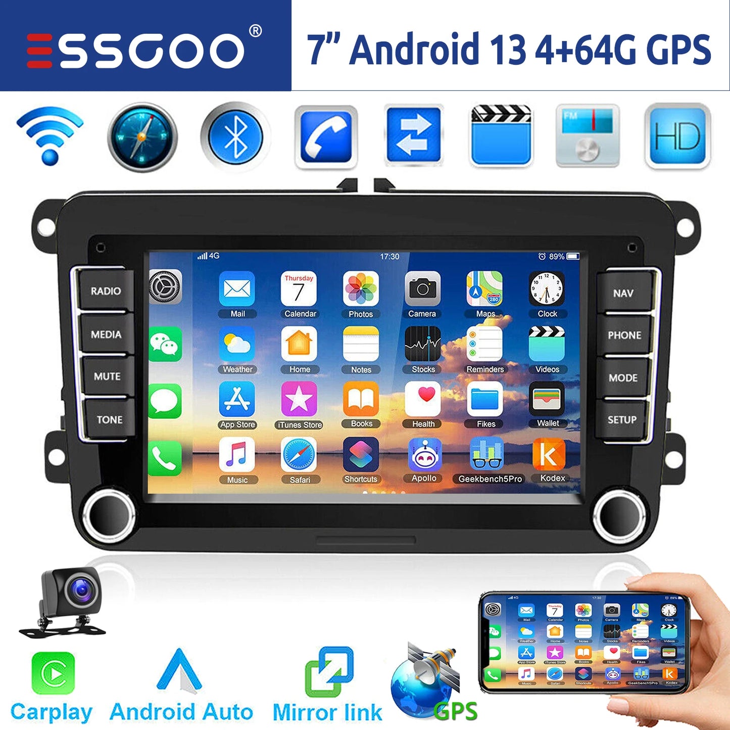 ESSGOO 7" Android 14 4G+64G Apple Carplay Car Stereo GPS NAVI WIFI RDS FM BT for VW Golf 5 6 Passat Polo Touran Tiguan Caddy EOS
