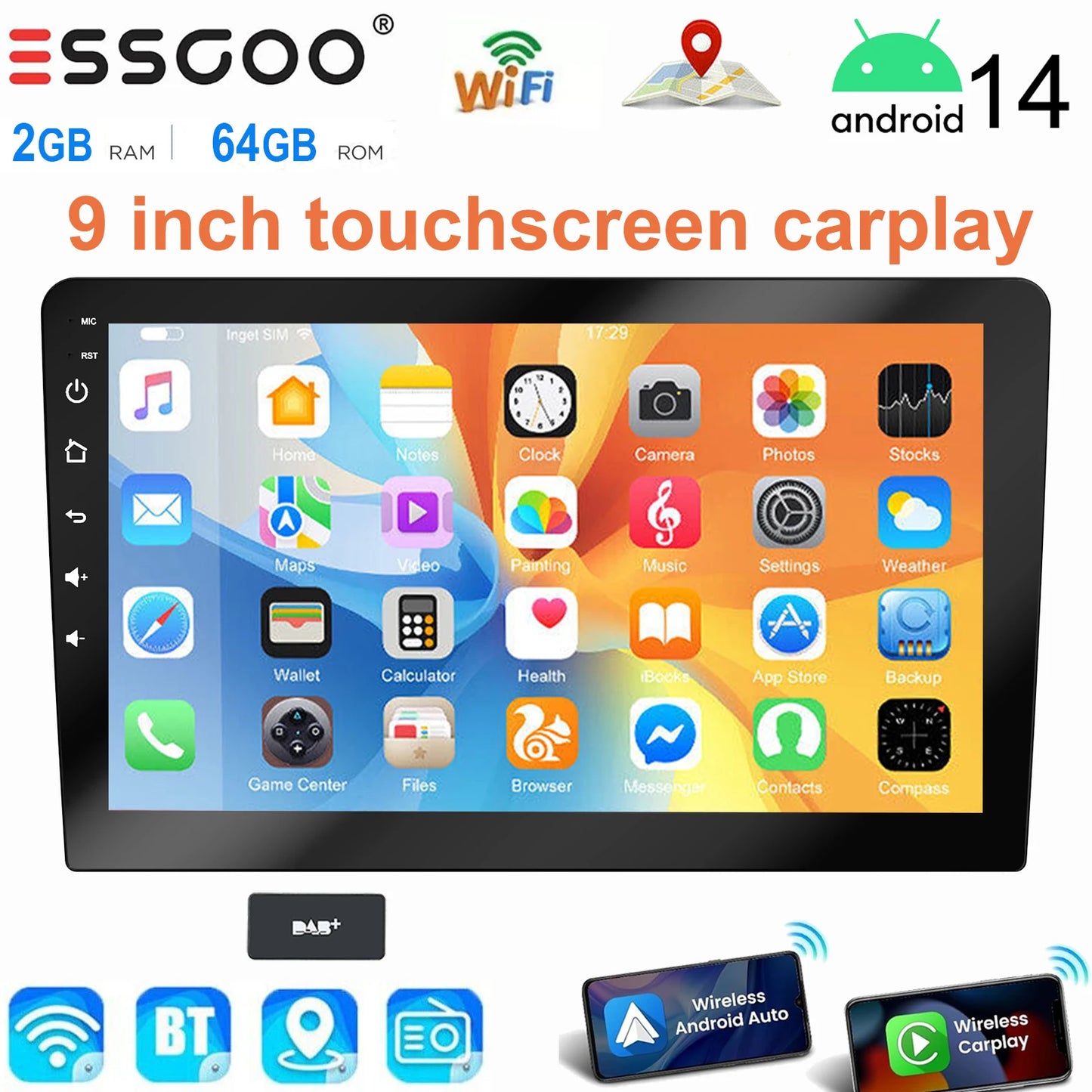 ESSGOO 9 Inch touchscreen 2 DIN Car stereo radio Android 14 Wireless Carplay Android auto play  GPS Navi WiFi FM RDS SWC BT USB