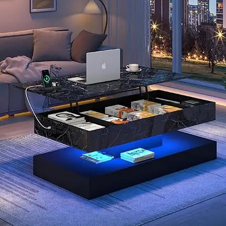 47.2" Large Lift Top Coffee Table with Charging Station, LED Modern High Glossy Center Table with Hidden Compartment Storage, Wh