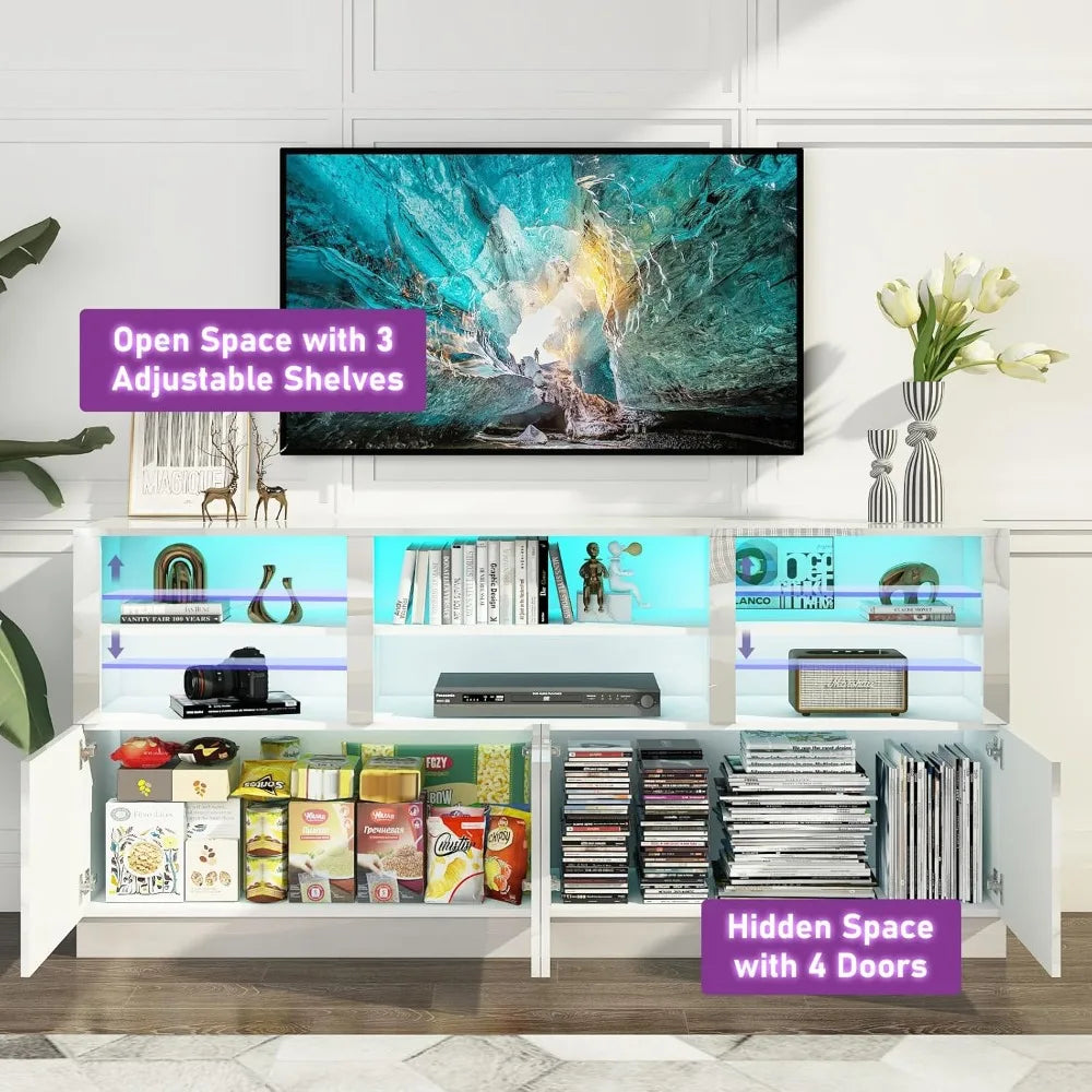 32'' Tall White TV Stand for 65/75/80/85 Inch TVs with RGB LED Lights,Modern High Gloss Entertainment Center Cabinet Stands with