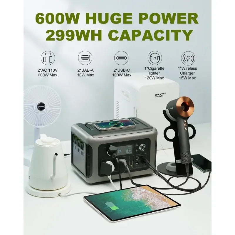 Tool Super-Quiet Portable Power Station, 299Wh 600W LiFePO4 Battery Backup with UPS Function, 400W Max Input, MPPT Solar