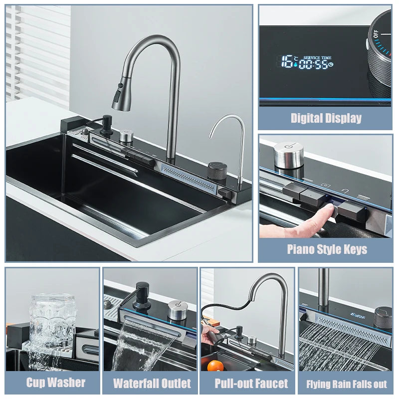 304 Stainless Steel Waterfall Kitchen Sink Large Single Slot Integrated Digital Display Faucet Set Soap Dispenser Cup Washer