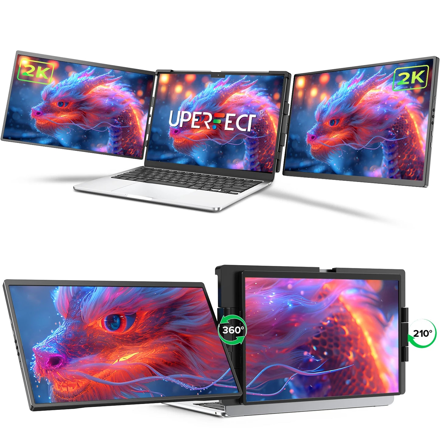 UPERFECT 14" 2K Triple Portable Monitor 2240x1400 QHD IPS Dual Display with Rotation Kickstand Laptop Screen Extender for MacOS