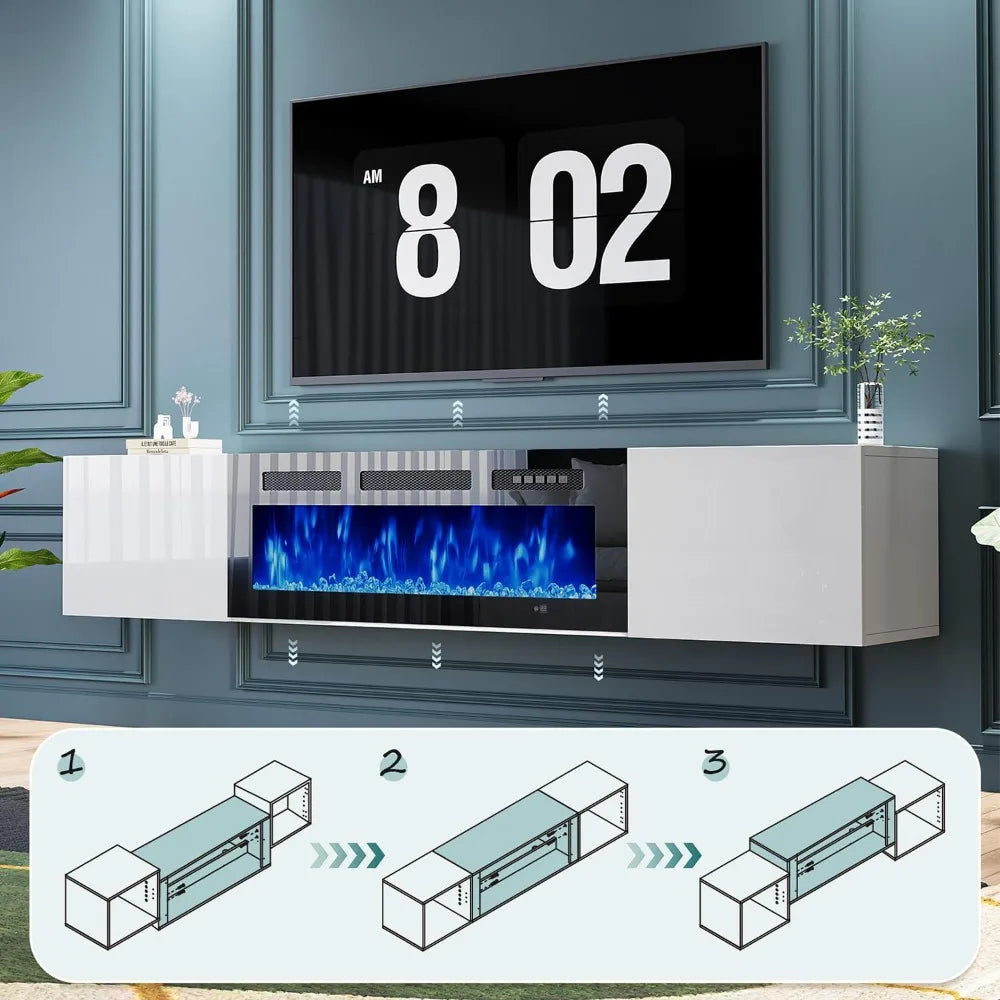 70'' Floating TV Stand with 36"Electric Fireplace, Entertainment Center Wall Mounted,Modern Wood Media TV Console with Fireplace