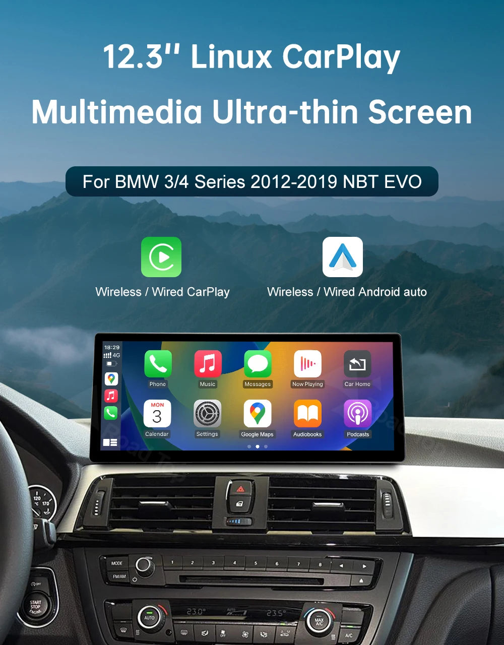 12.3 Wireless CarPlay Linux System Multimedia Display For BMW Series 3 4 F30 F31 F32 F33 F34 F36 2012-2018 Android Auto Airplay
