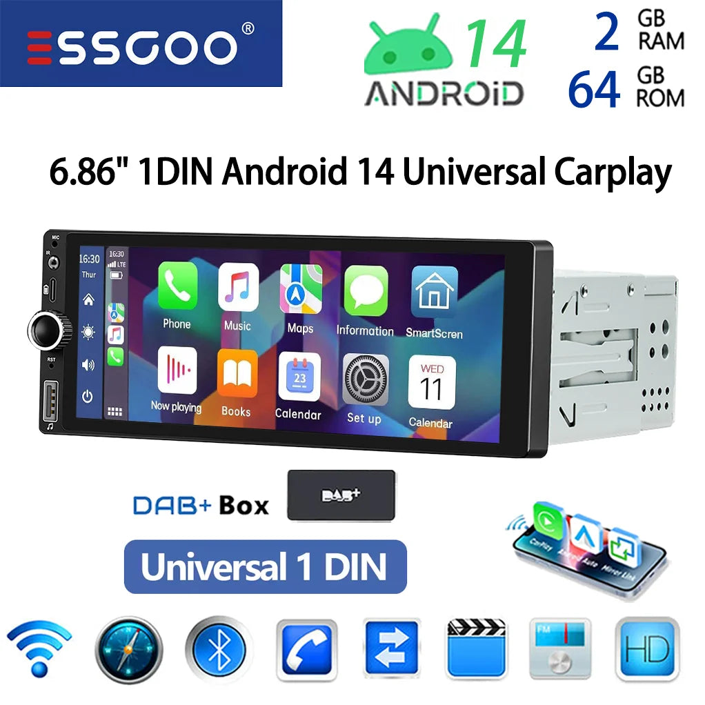 ESSGOO 6.86" Android 14 1 DIN 4+64G Car Stereo Radio Carplay Android Auto 1DIN GPS NAV Wifi BT RDS WIFI BT USB Type-C Universal