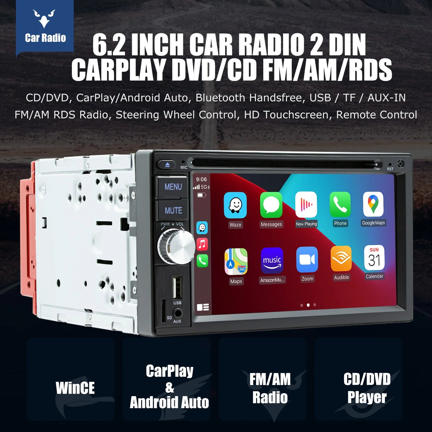 ESSGOO 6.2 Inch Apple Carplay Android Auto Double 2 DIN Car Stereo Radio CD DVD Player AUX FM Bluetooth USB MP5 Mirror Link