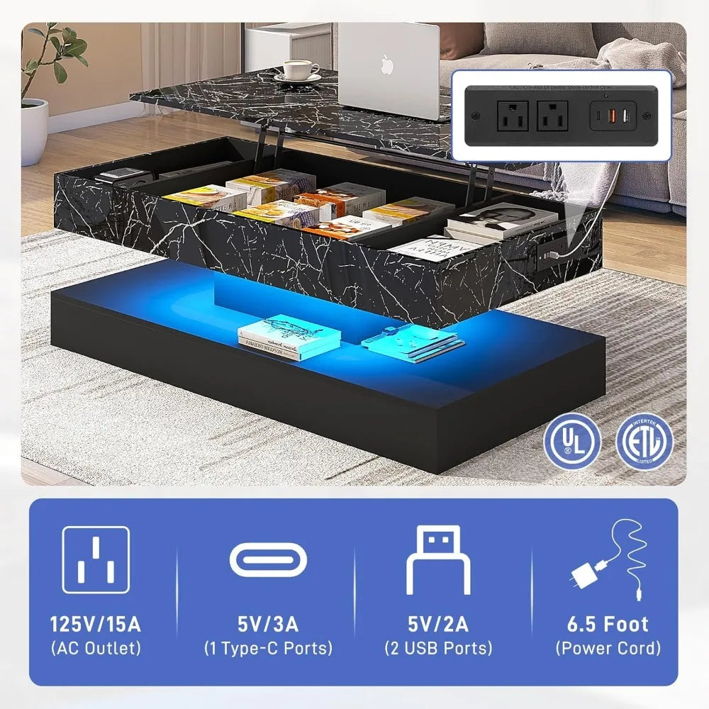 47.2" Large Lift Top Coffee Table with Charging Station, LED Modern High Glossy Center Table with Hidden Compartment Storage, Wh