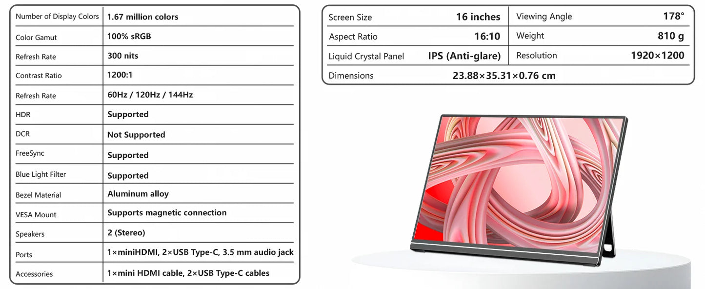 16 inch 2.5K 144Hz Portable Gaming Monitor,2560x1600 100% sRGB HDR FreeSync ,Ultra Slim w/Kickstand , Blue Light External Screen