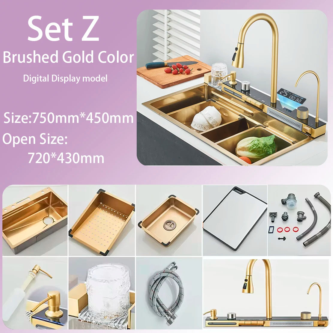 Kitchen Sink Faucet Large Integrate Digital Display Multi-Function Buttons Waterfall Soap Dispenser Cup Washer Kitchen Sink
