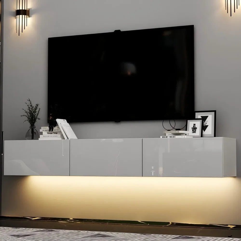 modern white high gloss wall-mounted tv stand with led lighting for 70" tvs, sleek entertainment center for living room