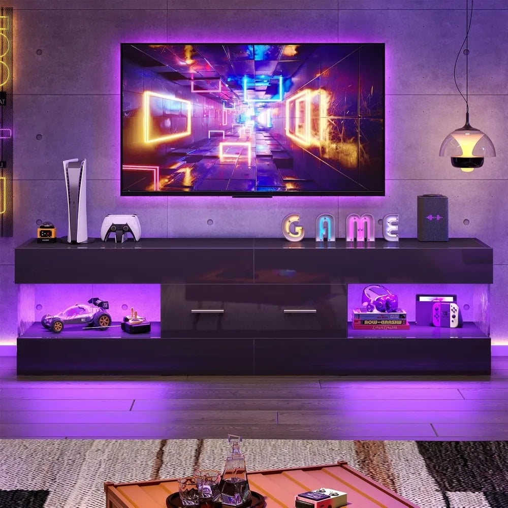 TV Stand for 55/60/65 Inch TV, High Gloss Modern TV Stand with Stone-Patterned Side Panels, LED Entertainment Center