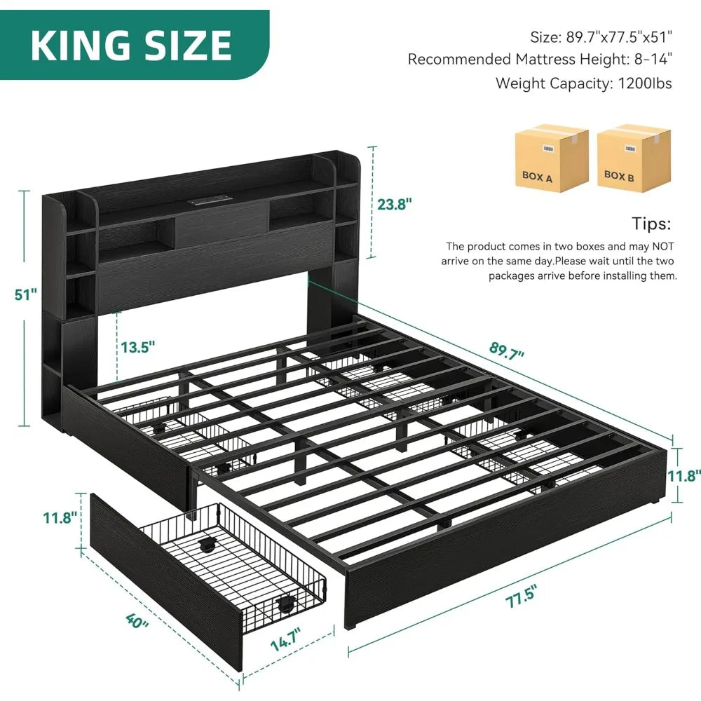 DWVO King Size Bed Frame with Bookcase Headboard and 4 Storage Drawers ...