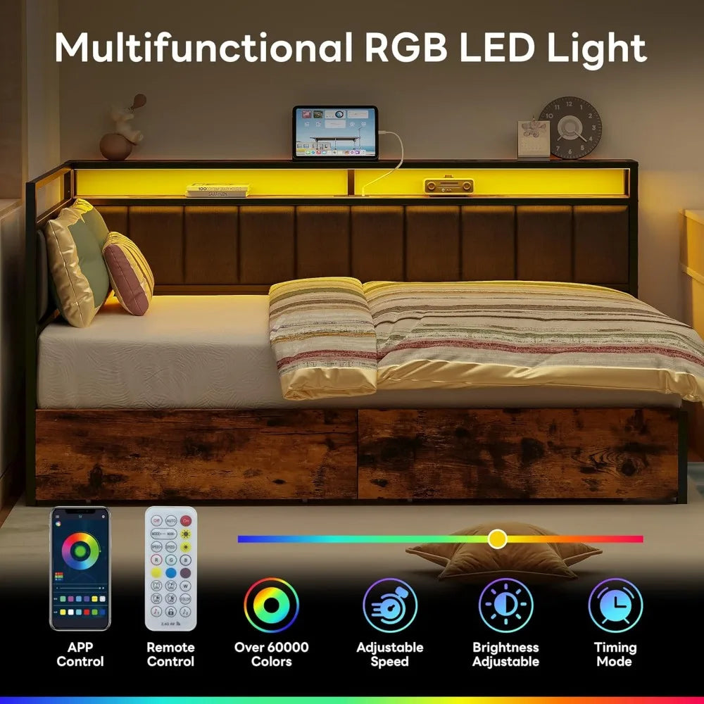 LED Twin Size Bed Frame with Storage Drawers, Metal Platform Beds Frames Charging Station & Fabric Upholstered Fence, Bed Frame