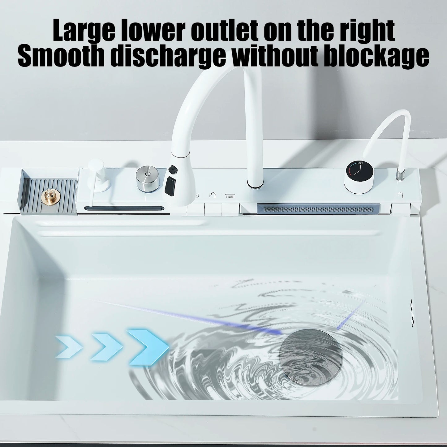 304 Stainless Steel Waterfall Kitchen Sink Large Single Slot Integrated Digital Display Faucet Set Soap Dispenser Cup Washer