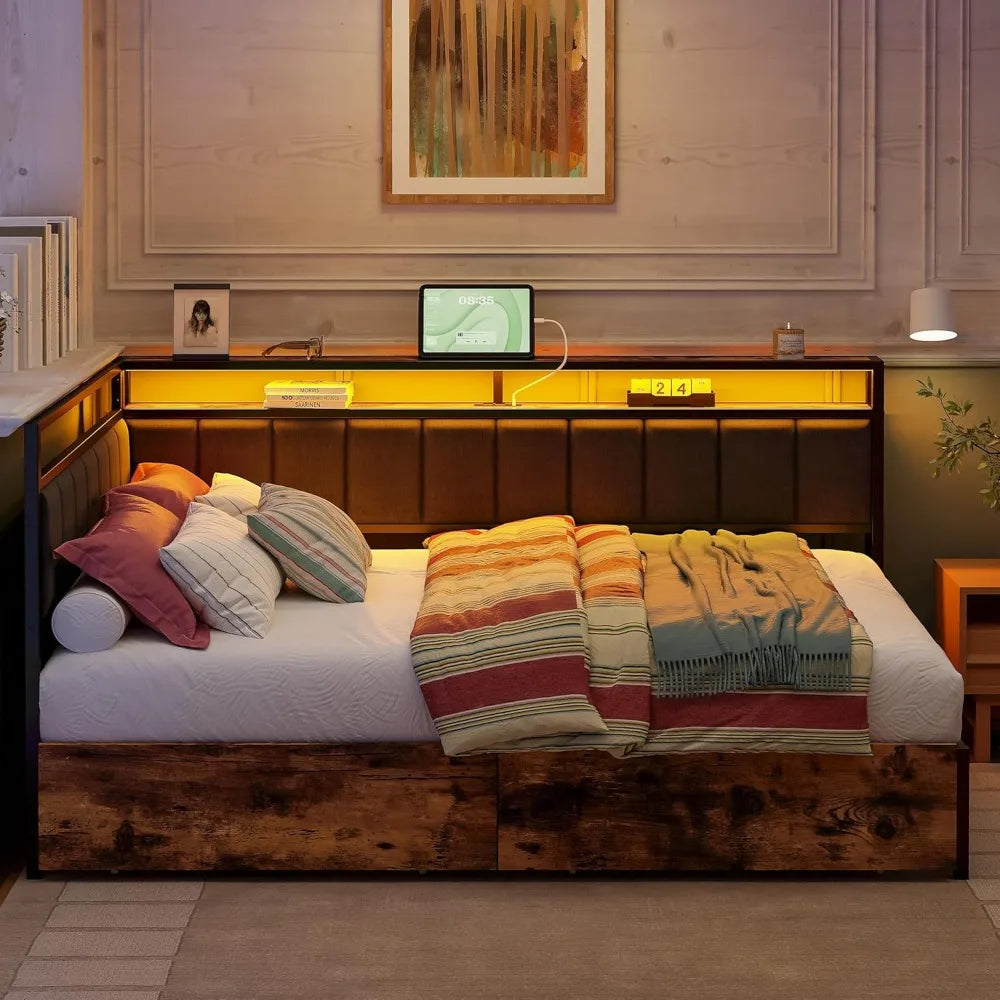 LED Twin Size Bed Frame with Storage Drawers, Metal Platform Beds Frames Charging Station & Fabric Upholstered Fence, Bed Frame