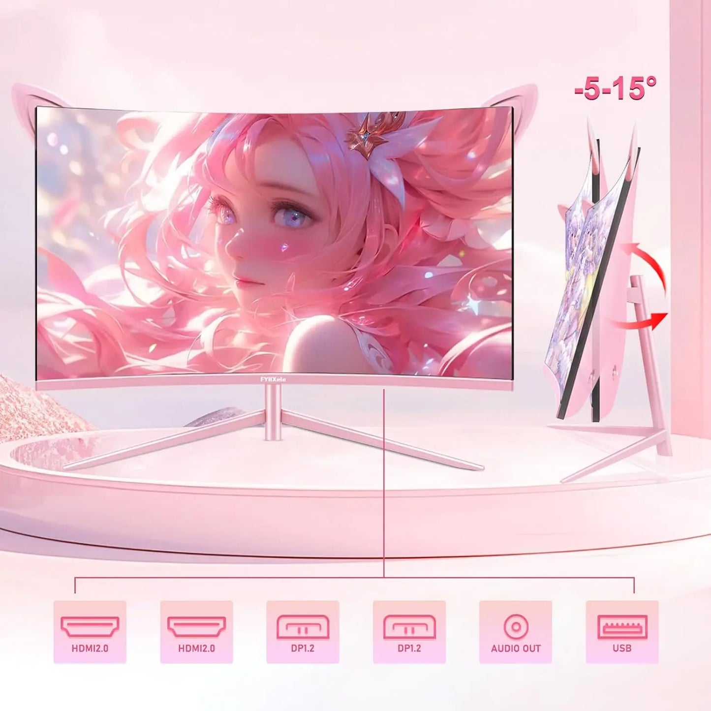 27inch Curved Pink Monitor QHD 165hz 1800R Gaming Display HDR10 Free-Sync Desktop Screen 1ms GTG  With Speakers Tilt Adjustable