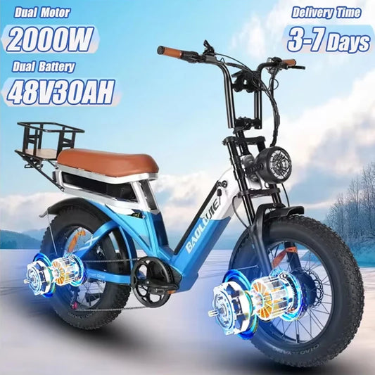 Electric Bicycle 2000W Dual Motor 48V30AH Lithium Battery E-bike 20*4 Inch Fat Tire Mountain Cargo Electric Bike
