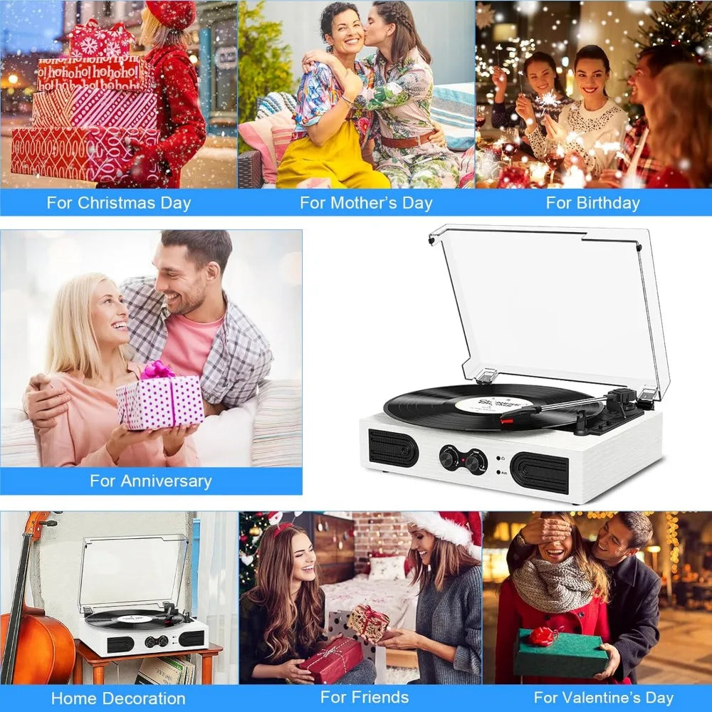 Portable Vinyl Record Player with Built-in Stereo & Bass Adjust, 3-Speed Belt-Driven, Bluetooth, RCA Out, AUX In, Headphone Jack