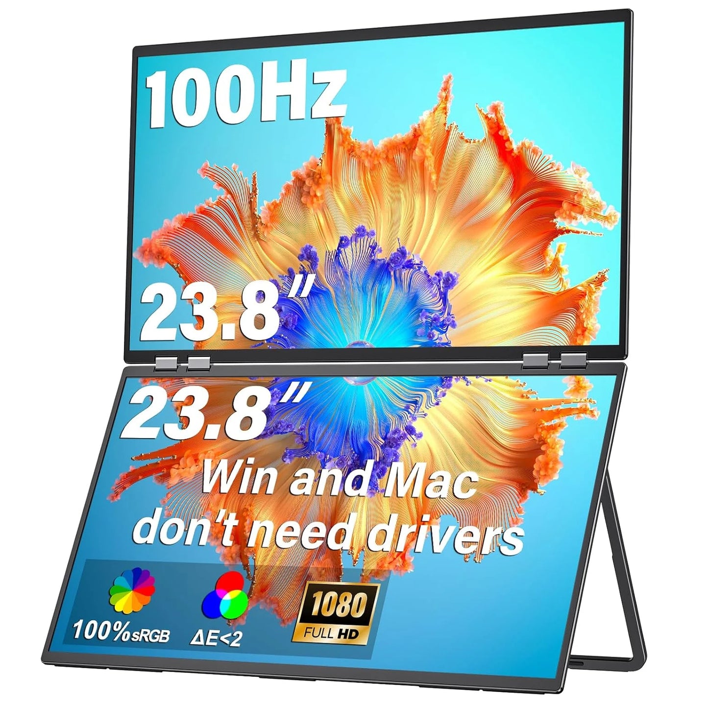 23.8" 100Hz Dual Screen Stacked Computer Monitor 1080P HDR 360° Folding Triple Portable Display for Laptop PC Phone Game Console