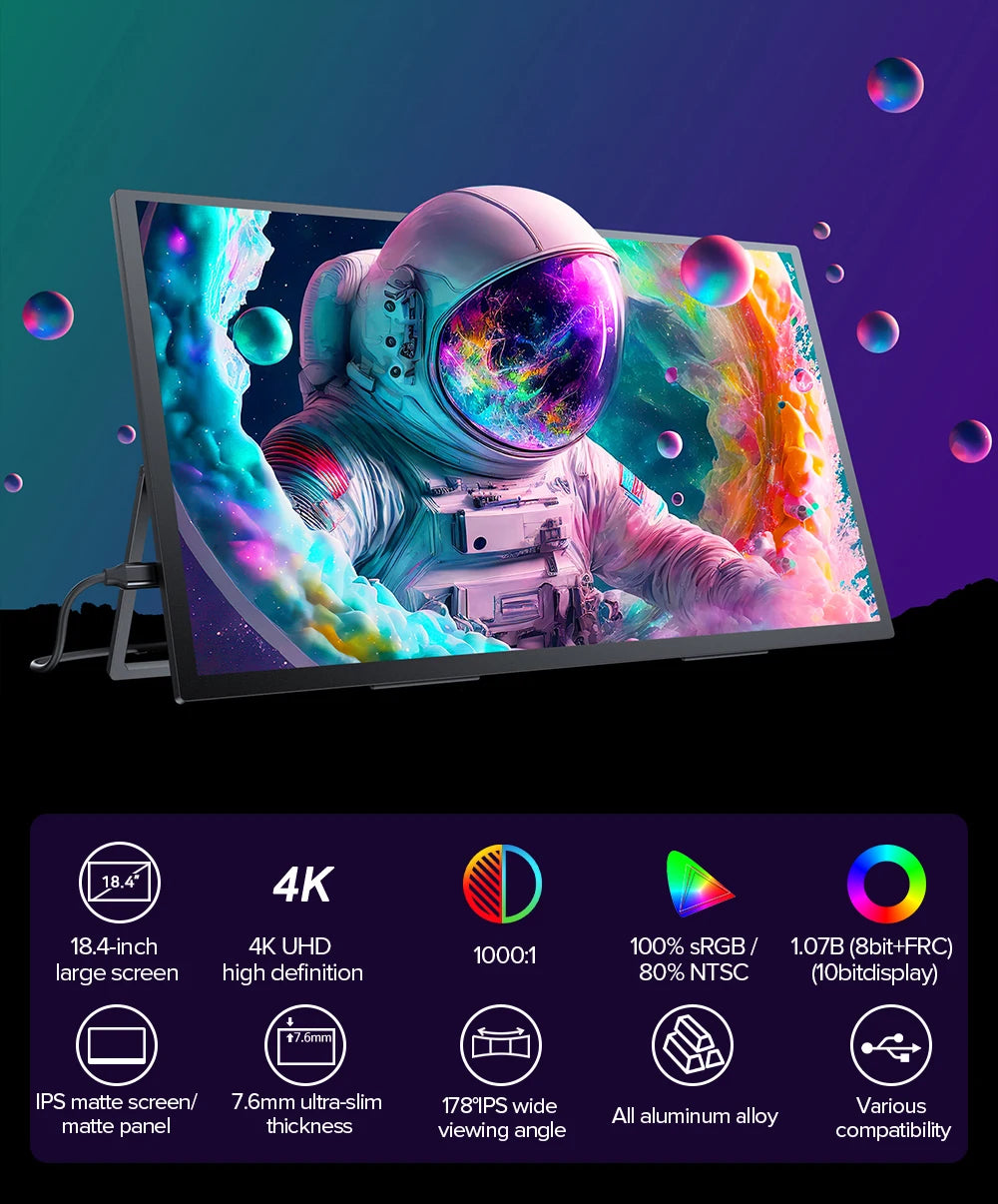 UPERFECT UXbox T118 4K 18 Inch Large Portable Gaming Monitor 3840*2160 100% sRGB  IPS HDR HDMI Display for Laptop Computer Phone