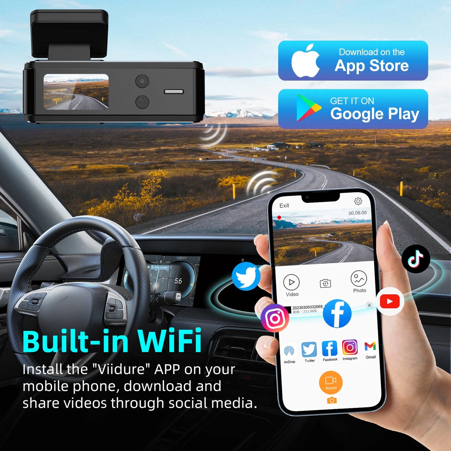 Aprilboy K8 WIFI Car Dash Cam 4K 2160P Car DVR Front and Rear Dual Lens Auto Car Camera with Night Vision G-Sensor 24H Monitor