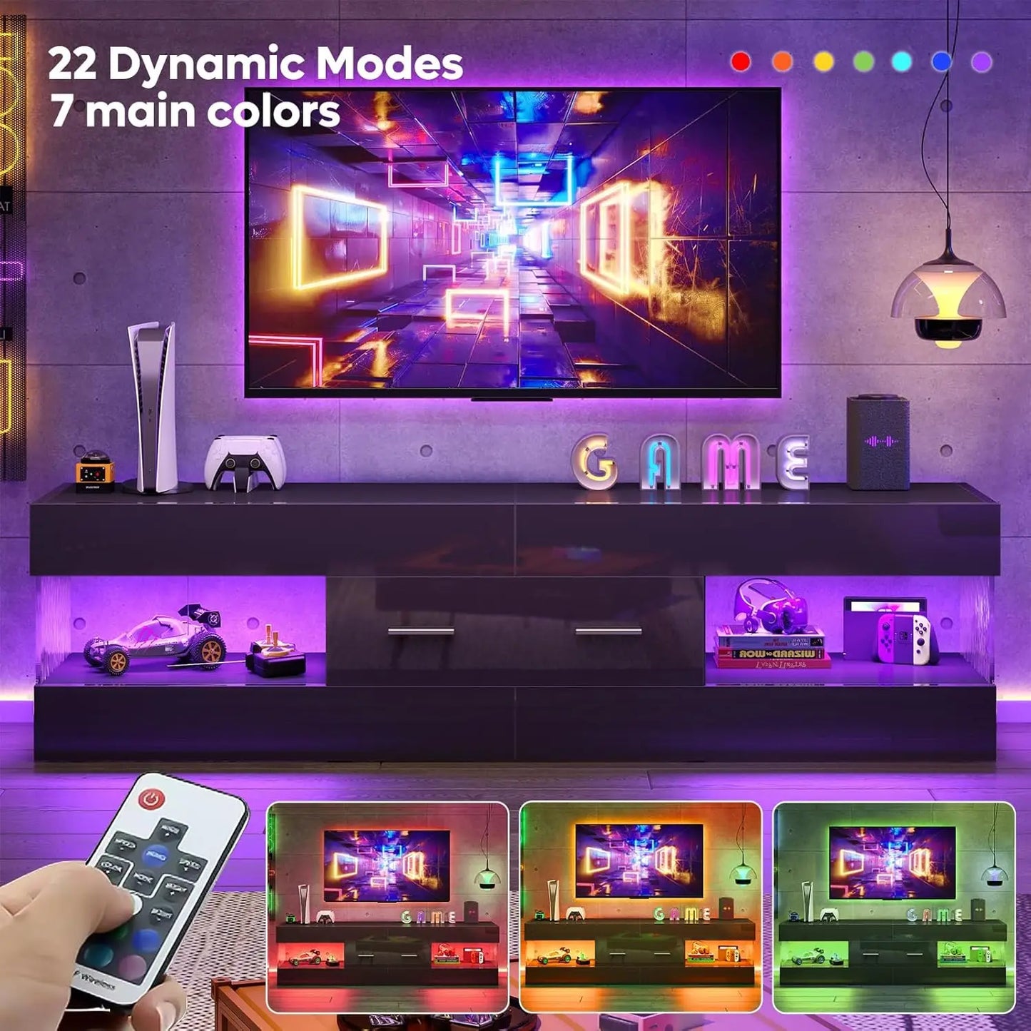 Black TV Stand for 55/60/65 Inch TV, High Gloss Modern TV Stand with Stone-Patterned Side Panels, LED Entertainment