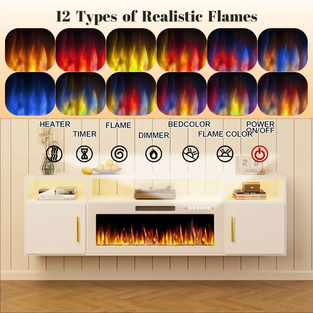 70" Floating TV Stand with 36" Electric Fireplace, High Gloss Finish Wall Mounted Electric Fireplace TV Stand with Storag