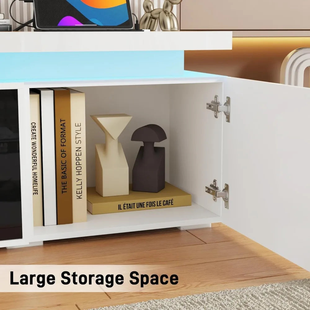 71Inch LED TV Stand with 40In Fireplace for 80Inch TV, Modern Fireplace TV Stand with Power Outlet, High Gloss TV Console Entert