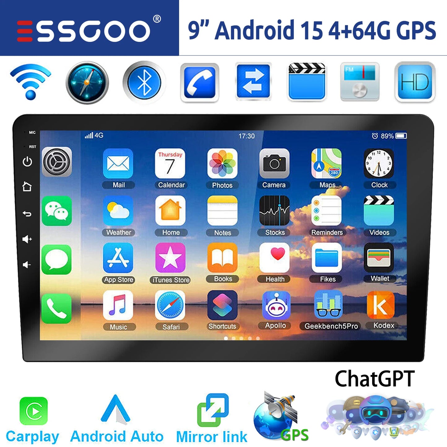 ESSGOO 7"/9"/10“ 2 DIN Android 14 4+64G Car Stereo Carplay Android Auto GPS Navi Bluetooth FM RDS Radio WIFI Touchscreen ChatGPT
