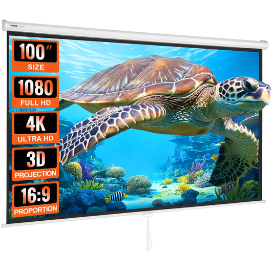 SucceBuy Manual Pull Down Projector Screen 100 inch 16:9 4K 1080 HD Retractable Projector Screen for Family Home Office Theater