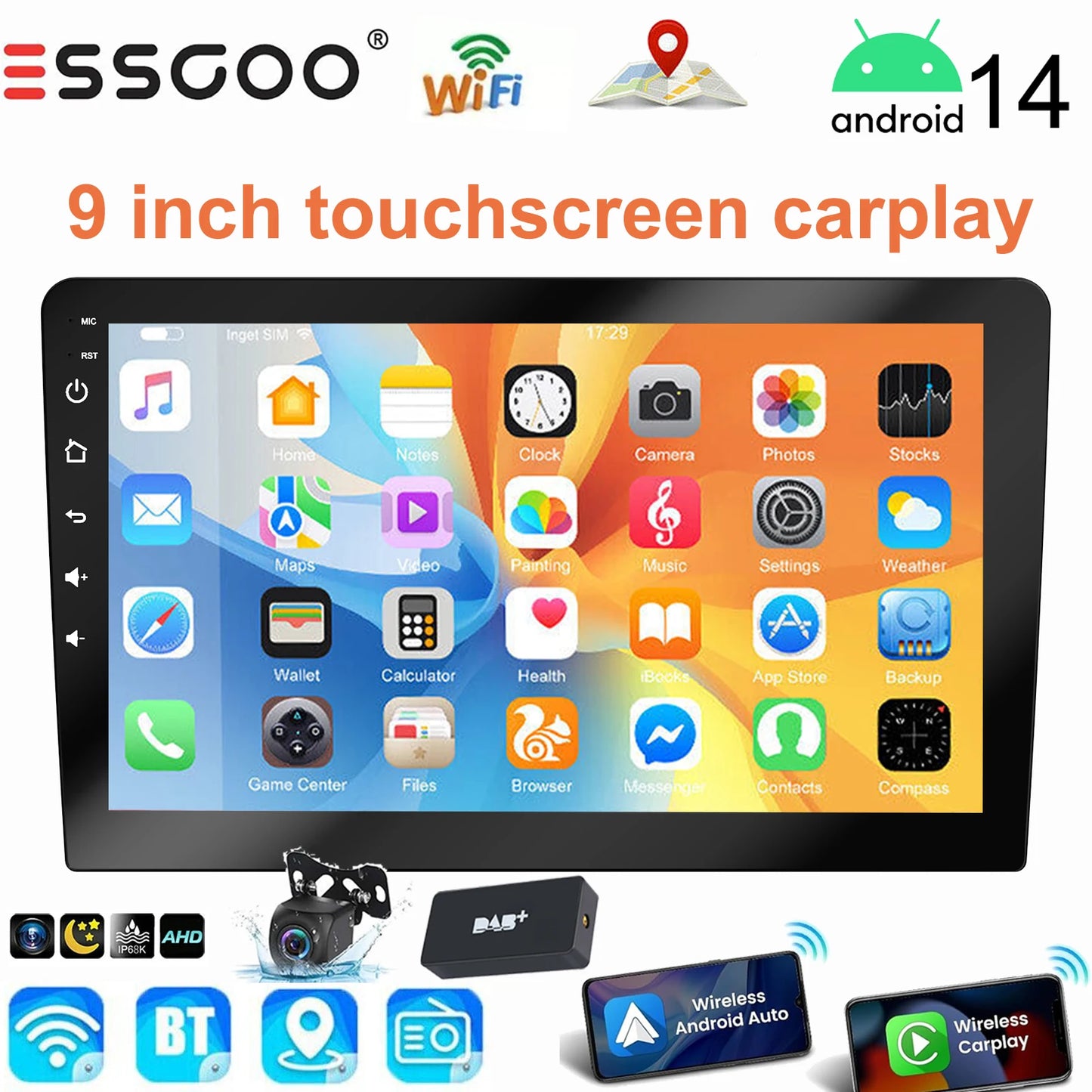 ESSGOO 9 Inch touchscreen 2 DIN Car stereo radio Android 14 Wireless Carplay Android auto play  GPS Navi WiFi FM RDS SWC BT USB