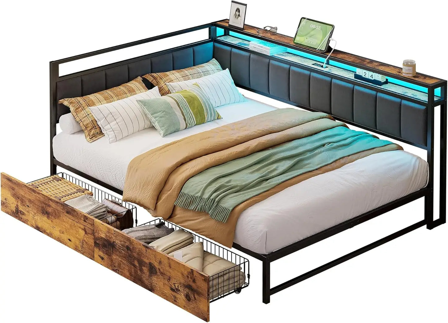 LED Twin Size Bed Frame with Storage Drawers, Metal Platform Beds Frames Charging Station & Fabric Upholstered Fence, Bed Frame